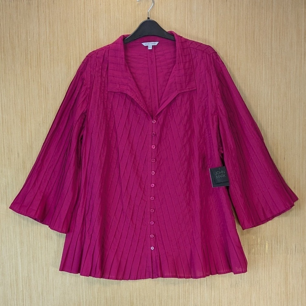 John Mark Pleated Flowy Bell Sleeve Button Down Shirt 2X Magenta Pink Cotton NWT